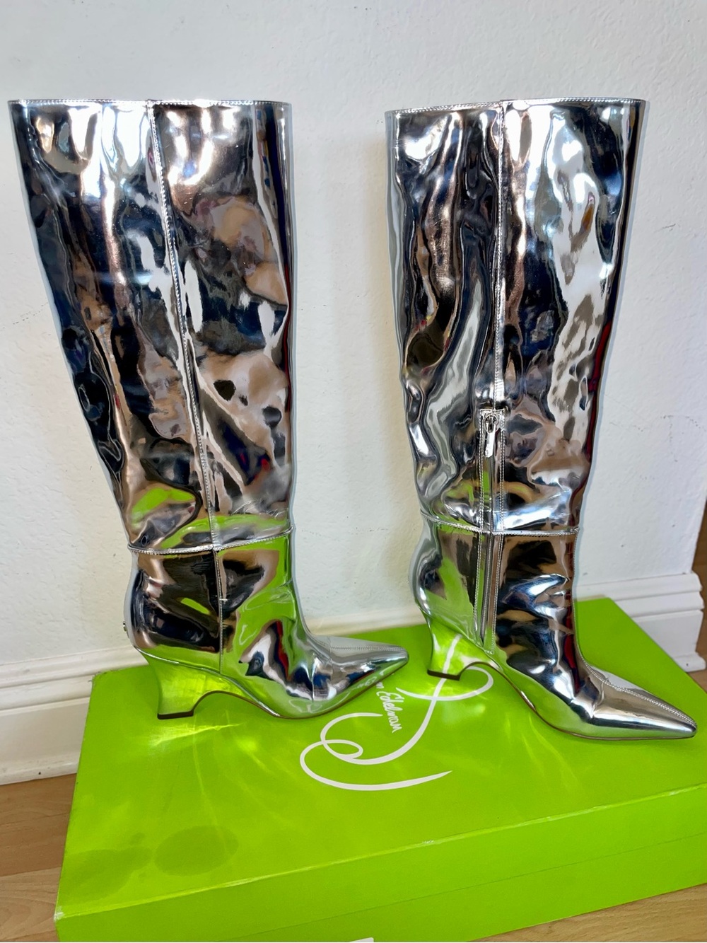 Sam Edelman Vance 2 Knee High Boots Soft Silver Metallic Pointed Toe Block Heel - Picture 16 of 16